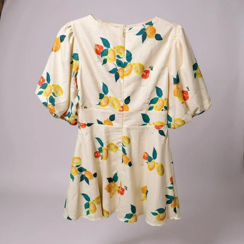 Runaway Cocktail Hour Mini Dress Size S Floral Fruit Print V Neck Short‎ Sleeve